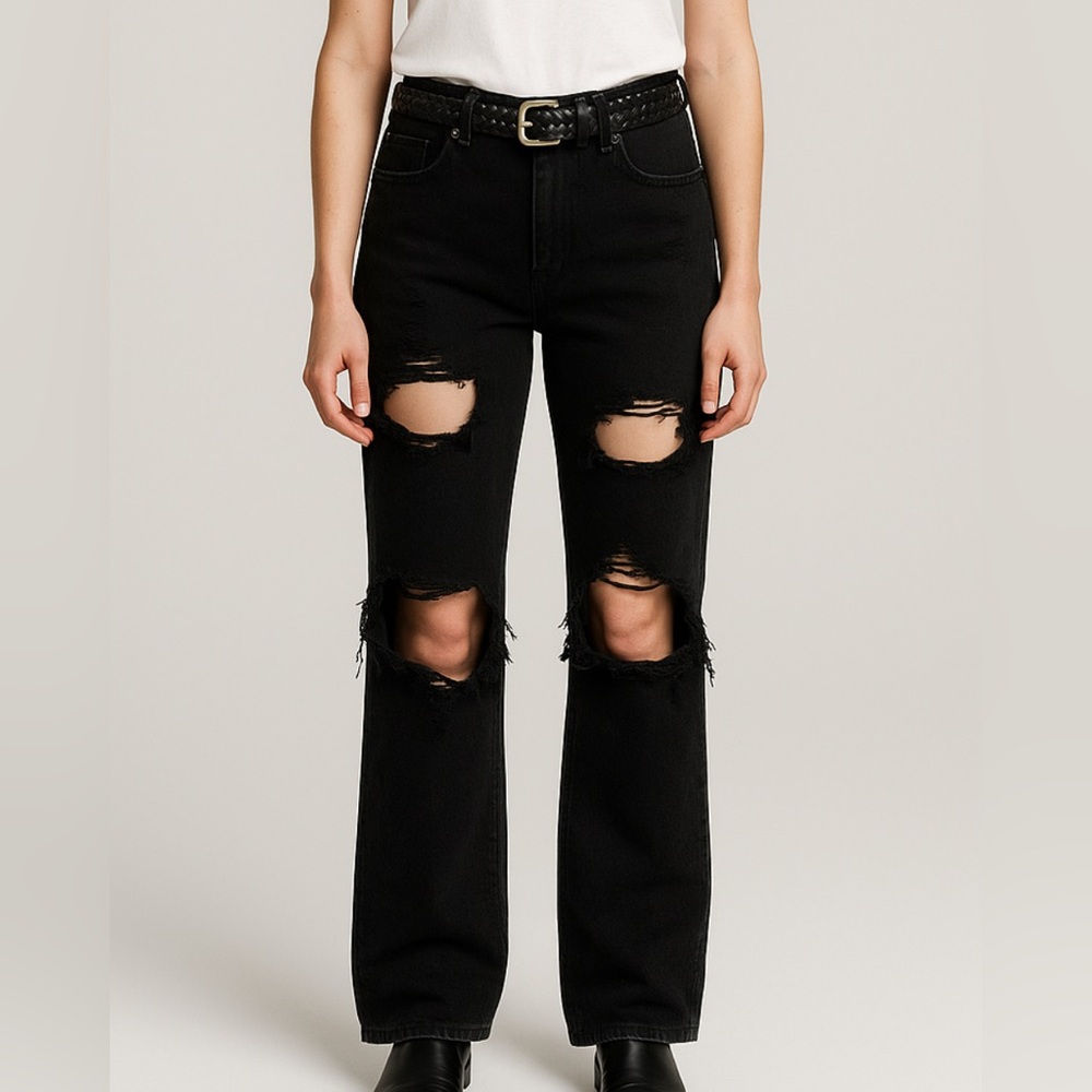 RtA Black Distressed ripped Wide Leg‎ Jeans attached Braided Leather Belt XXS